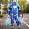 Overweight Man Dressed as Hero Holding Shopping Bags